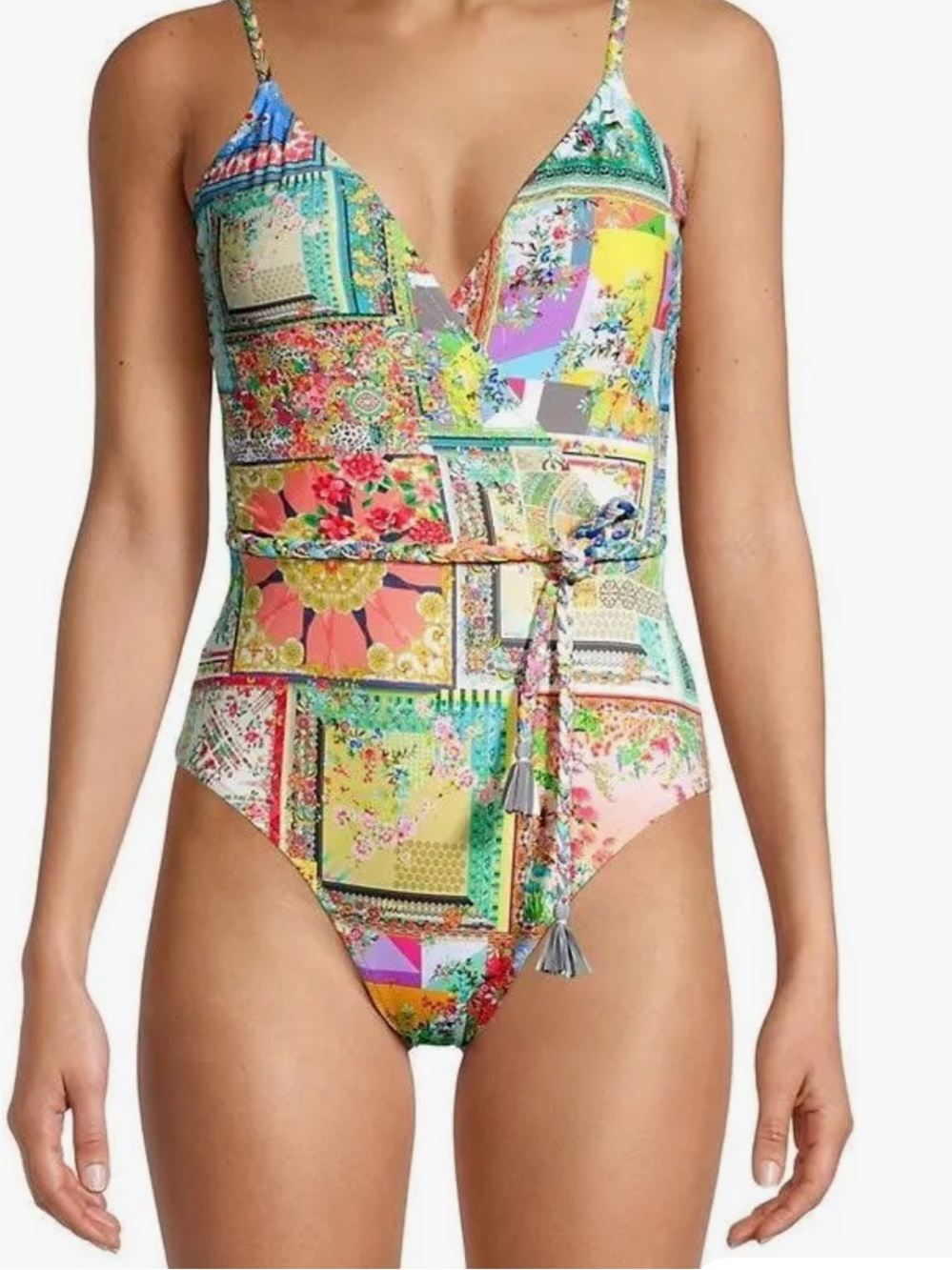 Johnny Was Fleur Braided Wrap Multicolor Boho Patchwork Print One-Piece Swimsuit